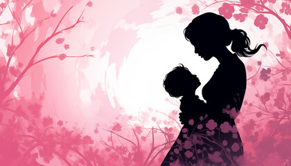 A pink silhouette of a mother embraces her child with a nurturing and affectionate demeanor isolated on floral background - obrazy, fototapety, plakaty