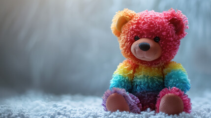 Rainbow Teddy Bear on a Grey Background. Copy Space