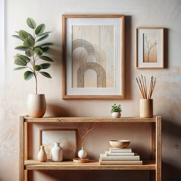 a wooden shelf with a plant and a picture frame, a minimalist painting , trending on shutterstock, postminimalism, stockphoto, minimalist, stock photo