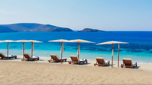 Paraside Beach in Mikonos, Greece, umbrella and luxury beach chairs beds in front of blue ocean. Most famous beach with crystal water and beach music bars. Gimbal cinematic ProRes graded from Log