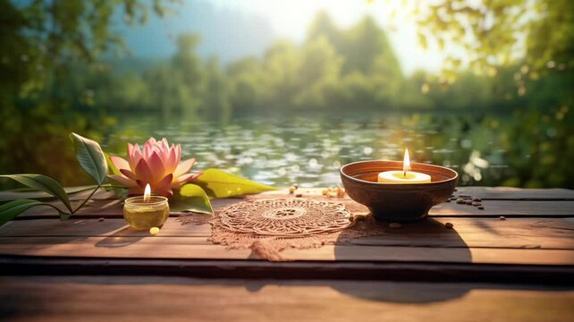 Zen Meditation Space with Tranquil Spa Setting: Peaceful Nature Scene with Lotus Flower, Candlelight and Golden Hour Sunlight