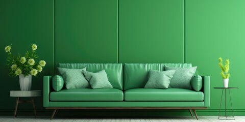 Green sofa in living room and green wall in dining room. .