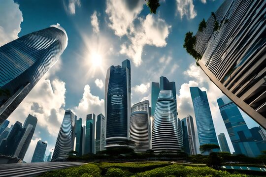 Time Lapse - Looking Up To Business And Financial Skyscraper Buildings In Singapore With Moving Clouds And Sun In The Sky At Singapore Central Financial District