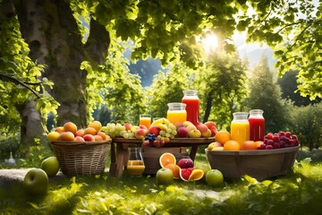 Austria, Salzburg, Fruits and juices in garden