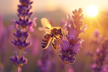 bee flies near a lavender flower at sunset, close up - Powered by Adobe