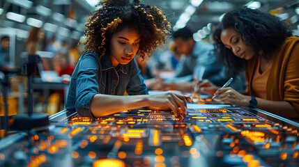 Two young women engineers are focused on debugging an electronic circuit board in a modern lab environment.