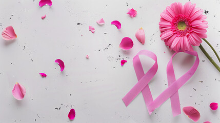Flatlay Pink female cancer ribbon with gerbera flower leaves on white background natural caring support breast awareness month fundraising charity pinktober screening women health survivor copy space