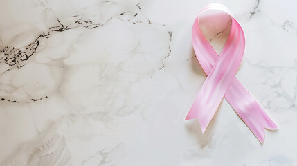Flatlay Pink female cancer ribbons on marble white background breast awareness month charity fundraising gala ball events for oncology screening women health plain copy space concept no people  - obrazy, fototapety, plakaty