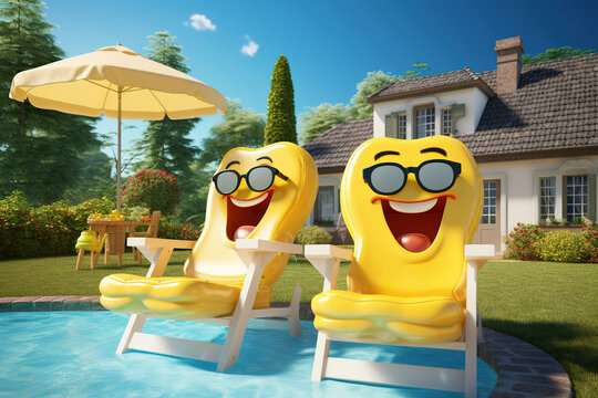 Yellow deck chairs with sunglasses smiling on the poolside