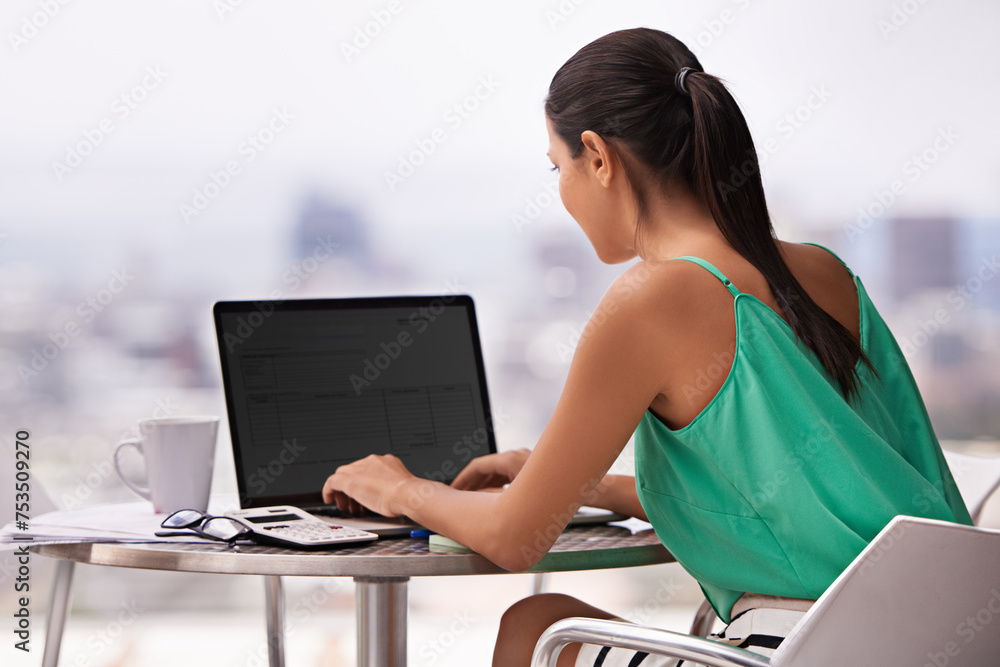 Wall mural Woman, outdoor and laptop screen for planning, research and copywriting on her balcony. business writer, editor or freelancer back, typing on computer for editing on website in work from home project