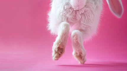 White rabbit on pink background. Easter concept. Copyspace