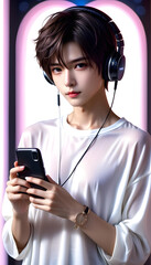 A beautiful and handsome virtual idol boy is holding a smartphone. Cosplayers. Video distribution. Streaming.