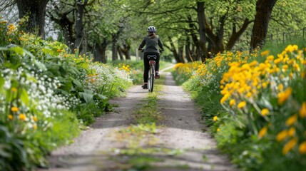 Fototapeta na wymiar A cyclist enjoys a peaceful ride down a charming pathway surrounded by lush spring flowers and vibrant greenery.
