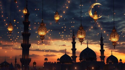 Ramadan Kareem background with glowing lamps and crescent moon.