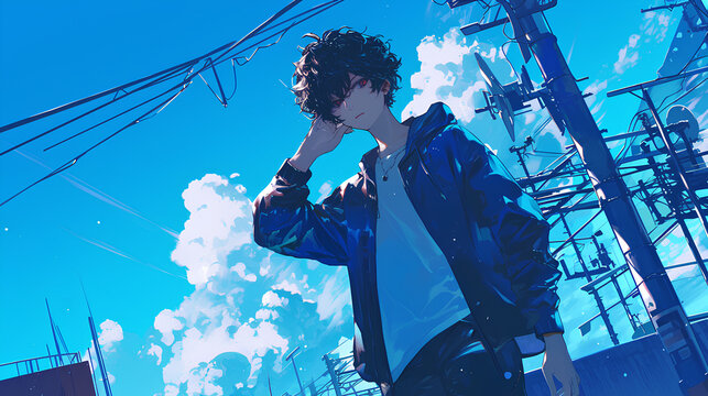 anime famous cool guy looking at the city