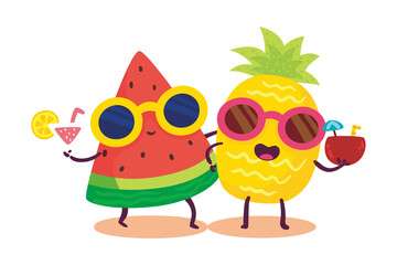 Cute and funny pineapple and watermelon cartoon vector illustration 
