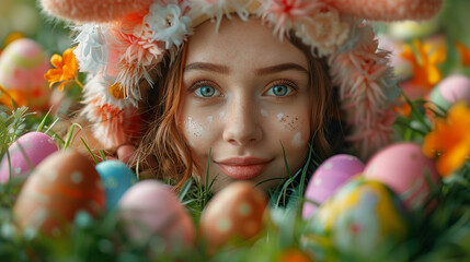 Young woman smiling in a bunny costume in front of Easter eggs, Generative AI - 753509655