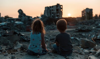 Fototapeta na wymiar Backview on two 5 year ord children kids boy and girl sitting at dawn on ruins of the city destructed or demolished by war or earthquake