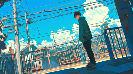 anime famous cool guy looking at the city