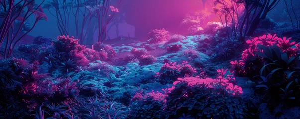 Zelfklevend Fotobehang An ethereal landscape featuring dynamic, rippling patterns and neon-hued flora, evoking a sense of transcendence and wonder. Rendered in a surreal, dreamlike style. © mihrzn