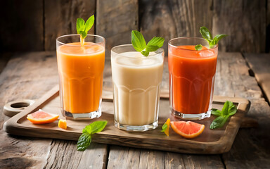 Fototapeta premium Refreshing trio of fresh fruit juices served on a rustic wooden tray garnished with mint leaves and orange slices