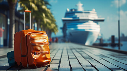 A luggage sitting in front of a large cruise ship. Vacation, cruise and travel concept.