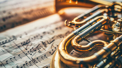 Obraz premium Closeup of a french horn over music sheets. Classical music concept.