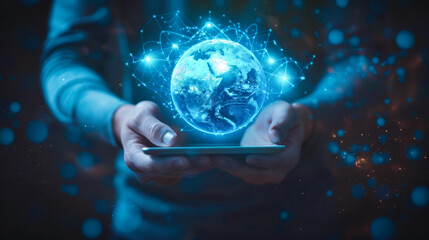 Man hands holding a tablet, earth globe communications symbol over the screen