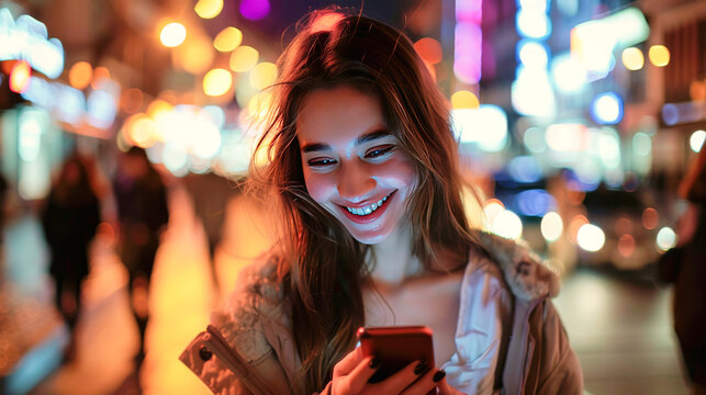 An attractive smiling young woman texting on her smartphone in the night in the city