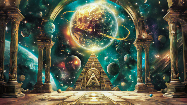 A pyramid of wisdom, surrounded by planets. Eternal temple of wisdom, esoteric, hermetic and cabal fantasy concept.
