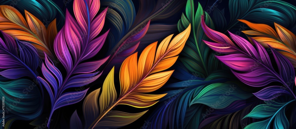 Poster exotic palm leaf pattern on dark backdrop hand drawn tropical design in intricate style elaborate se