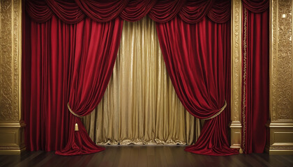 Red curtain with golden ornament on transparent background