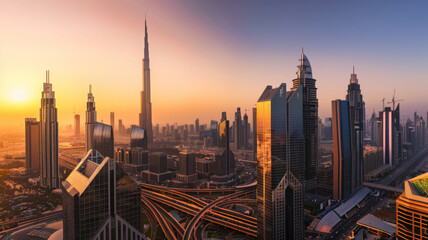 Fototapeta na wymiar Sunset silhouette of Dubai's skyline with iconic skyscrapers.