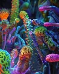 Obraz premium Comprehensive views of bacteria captured with a laser-scanning microscope, emanating vibrant hues and a luminous glow.