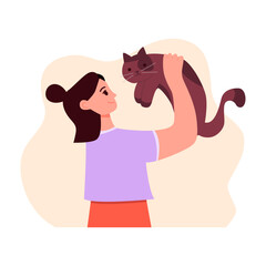 Young Woman Holding in Arms Cat. Domestic Animals and Ownership. Flat Vector Illustration.