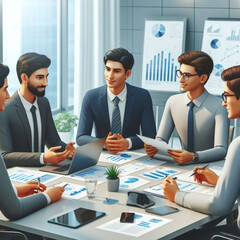 3d business people discussing ideas in a productive meeting in a modern office, 3d vector illustration
