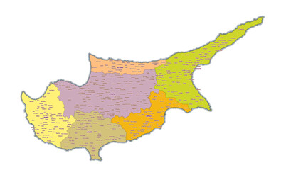 Administrative map of Cyprus showing regions, provinces