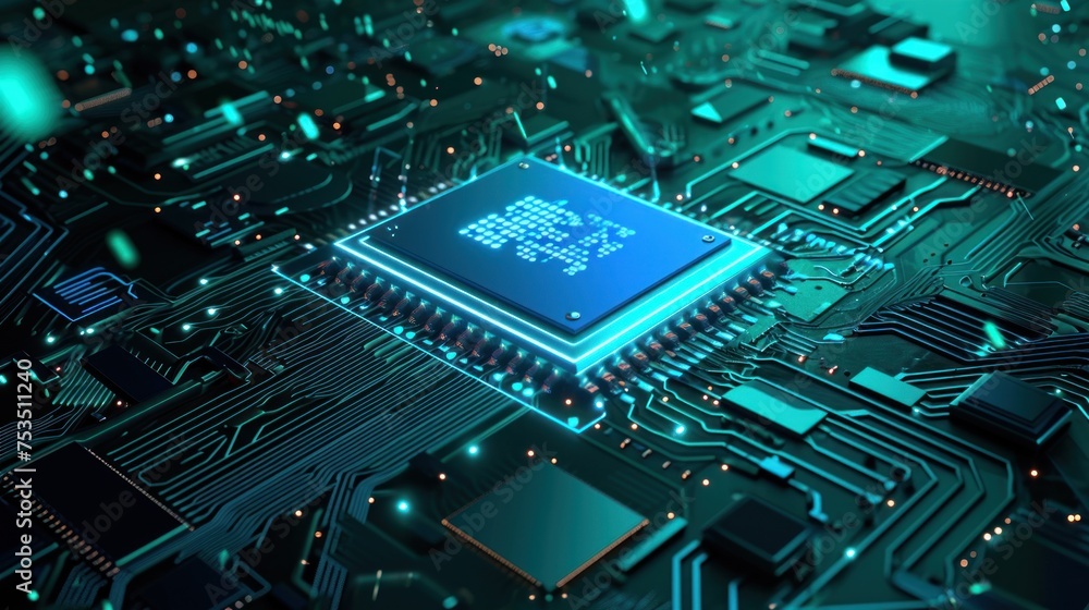 Poster 3d rendering of motherboard circuit. technology background concept.
