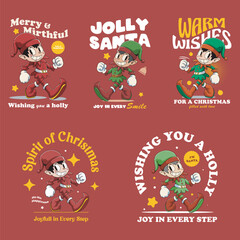 Christmas Cute Elf Retro Mascot Character Cartoon Illustration Set