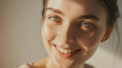 Radiant woman with a beaming smile basked in soft sunlight, accentuating her natural beauty.
