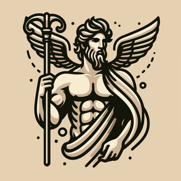 Flying Hermes in the Greek vector logo icon sticker tattoo.