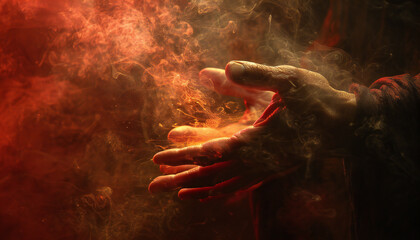 Recreation of open hands of a ancient man with smoke around
