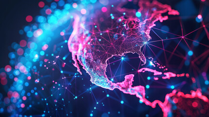 North America telecommunication and data transfer networks with global internet connectivity for communication technology. Includes internet of thing, finance, business, blockchain, and security.	 - obrazy, fototapety, plakaty