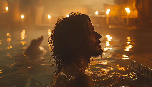 Recreation of a man bathing in a ancient thermae