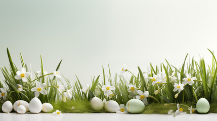 Easter eggs on a white surface simply decorated with jars and flowers, Generative AI - 753512414