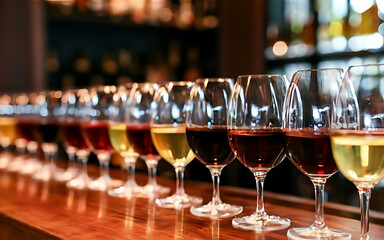 Many glasses of different wine in a row on bar counter - obrazy, fototapety, plakaty