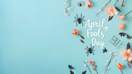 A banner with "April Fools' Day" written in a quirky, twisted font, light blue background
