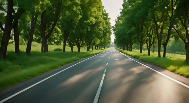 asphalt road and lots of green trees around the road, natural background atmosphere