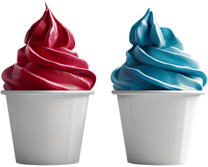 Red blue ice cream in white paper cups isolated cutout on transparent background. 4th of July USA Independence Day. Mockup advertisement. product presentation. - obrazy, fototapety, plakaty