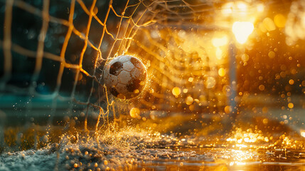 The soccer ball flew into the goal net. Background in yellow tones with splashes. Bokeh effect. AI generative